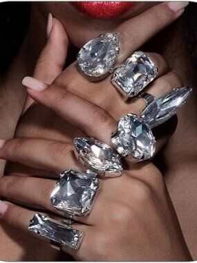 Oversized Crystal Rhinestone Statement Cocktail Ring Set For Women Multi Shape A